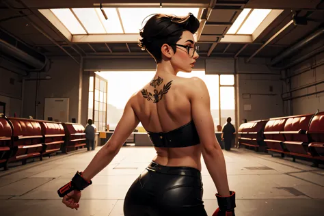 wide angle, rear view, beautiful female fighter, wearing large glasses, black undercut hair, large steel knuckles