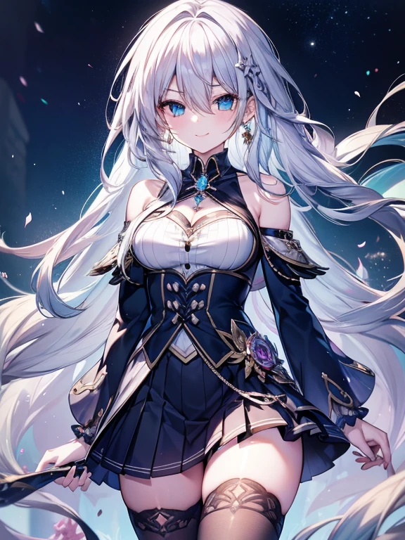 {{Eroge,CG Game,High quality CG Game},{{{1girl in}}},{{masutepiece}}, {{{Best Quality}}}, {{Very detailed}}, {{Illustration}} , ,{{magical little girl}},brooch,,,, {{messy hair}},,Big hair, Gradient Hair,Medium breasts,,,Drill Hair, {pocket watch},unreasonably long hair, Dreadlocks, Silver hair, Silver hair, Blue hair, Gradient hair,((Evil smile)), v-shaped_eyebrows, zettai_ryouiki,,,, floral print and pleated skirt. Add accessories like fringed earrings or a statement necklace.、Complete the look. Gathering on the grassland with adventurers,fantasy grassland background,((Shoulders and arms open)),(Evil smile),Furious,Evil smile,