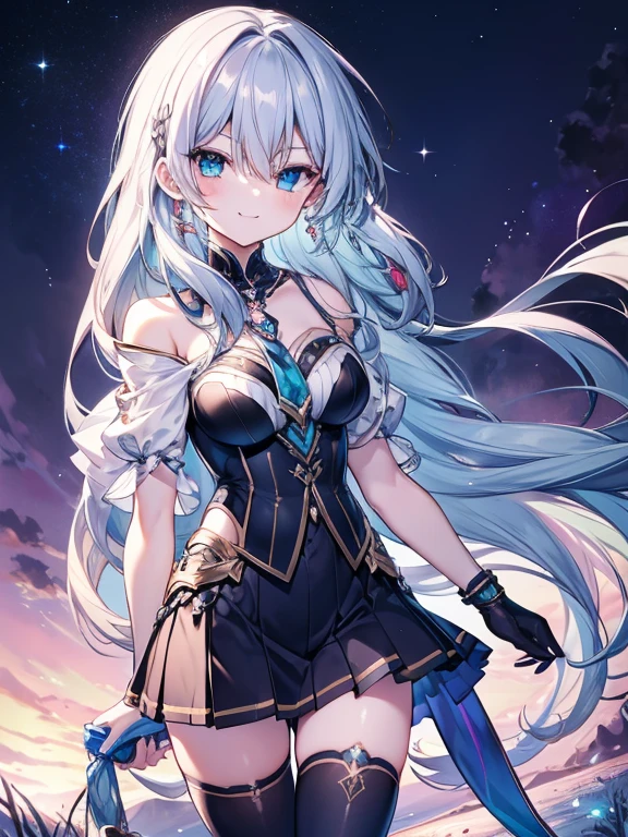 {{eroge,juego cg,High quality juego cg},{{{1 chica en}}},{{mesa}}, {{{mejor calidad}}}, {{Muy detallado}}, {{ilustración}} , ,{{niña mágica}},broche,,,, {{Pelo despeinado}},,Cabello largo, cabello degradado,pechos medianos,,,perforar el pelo, {reloj de bolsillo},pelo excesivamente largo, Rastas, Cabello plateado, Cabello plateado, pelo azul, cabello degradado,((sonrisa maligna)), en forma de v_Cejas, zettai_ryoiki,,,, falda con estampado floral y plisada. Añade accesorios como pendientes con flecos o un collar llamativo..、Completa el look. Reuniéndose en la pradera con aventureros.,fondo de pradera de fantasía,((Hombros y brazos abiertos)),(sonrisa maligna),furioso,sonrisa maligna,