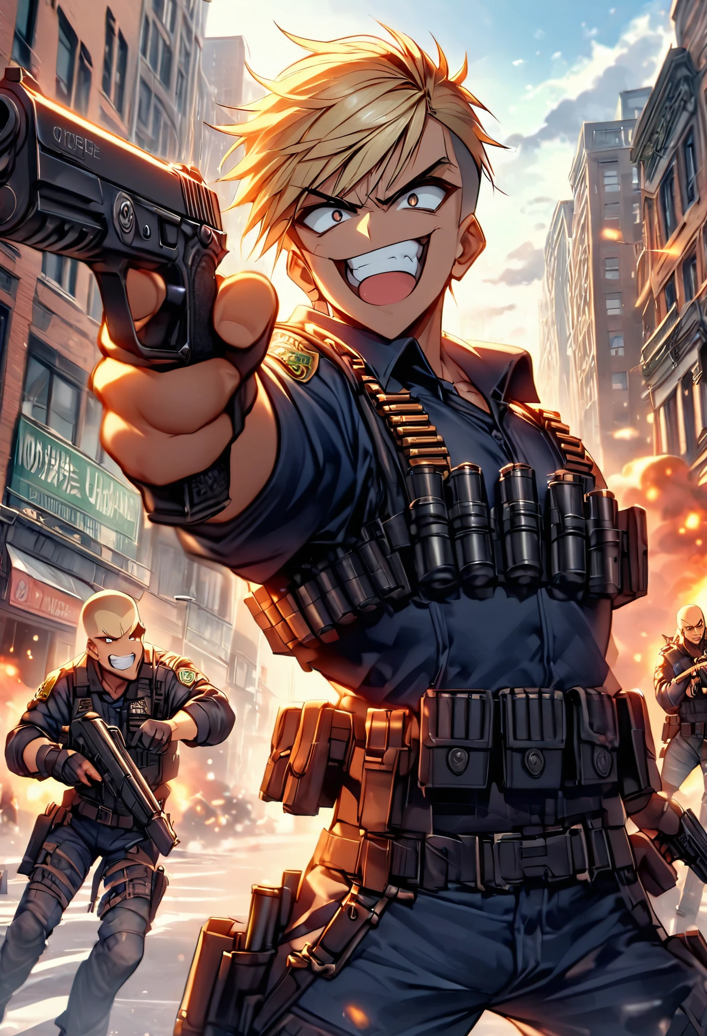 mercenary, male, male focus, muscular, blonde hair, dark brown eyes, crew cut, maniacal laugh, v-shaped eyebrow, evil smile, clenched teeth, ammunition belt, grenades, drop-down pistol holster on the right hip, holstered pistol on the right hip, (holding a shotgun), new york street, gunfight, shootout, shot NYPD cruisers, an explosion in the street