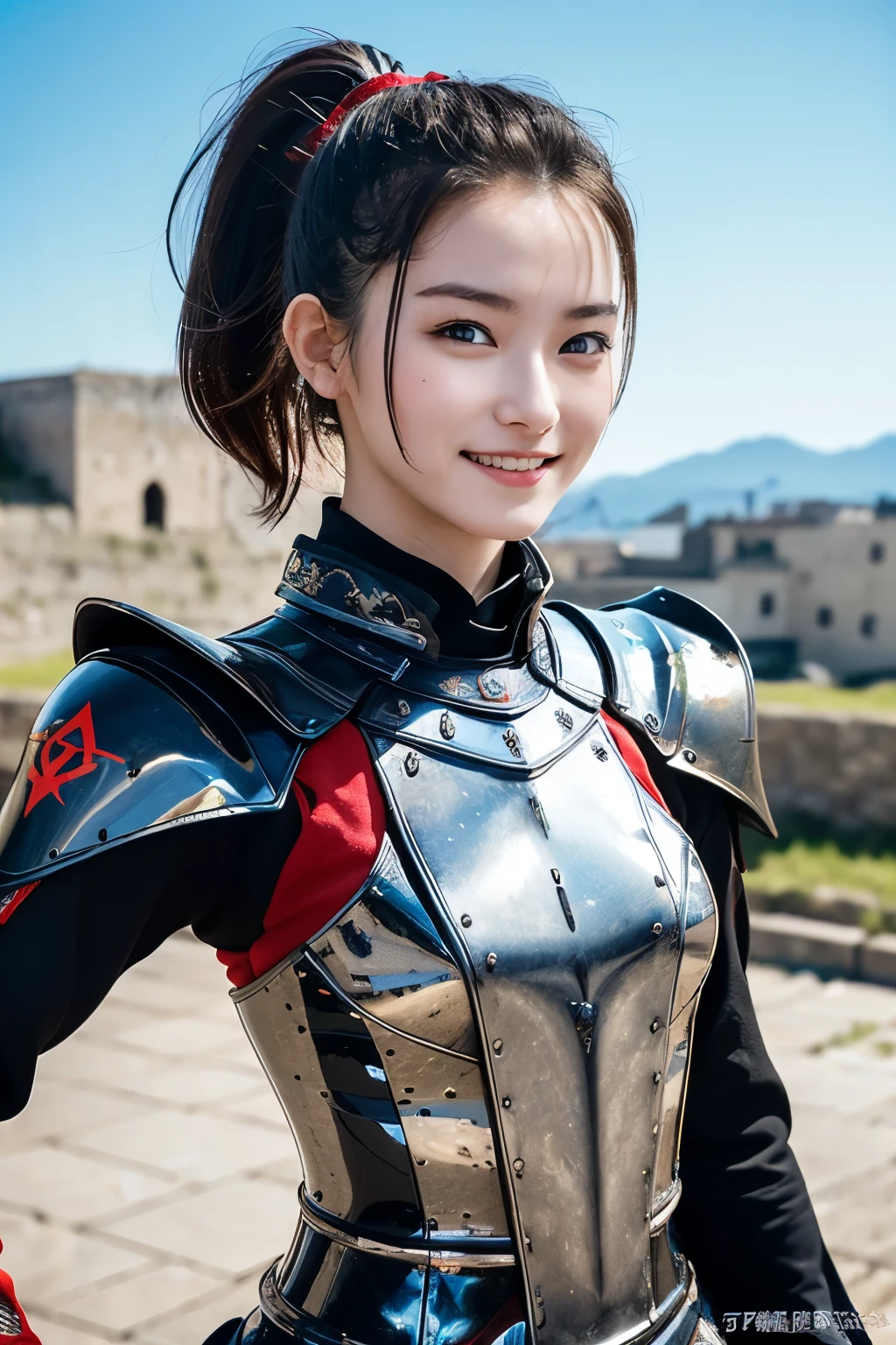 (highest quality:1.2),masterpiece,Ultra-high precision photos,(perfect beautiful face 1.2),(perfect and beautiful posture:1.2),(female warrior:1.2),ponytail,clear eyes,She wears beautiful black armor with red dots.., In the fortified city,smile,peace sign
