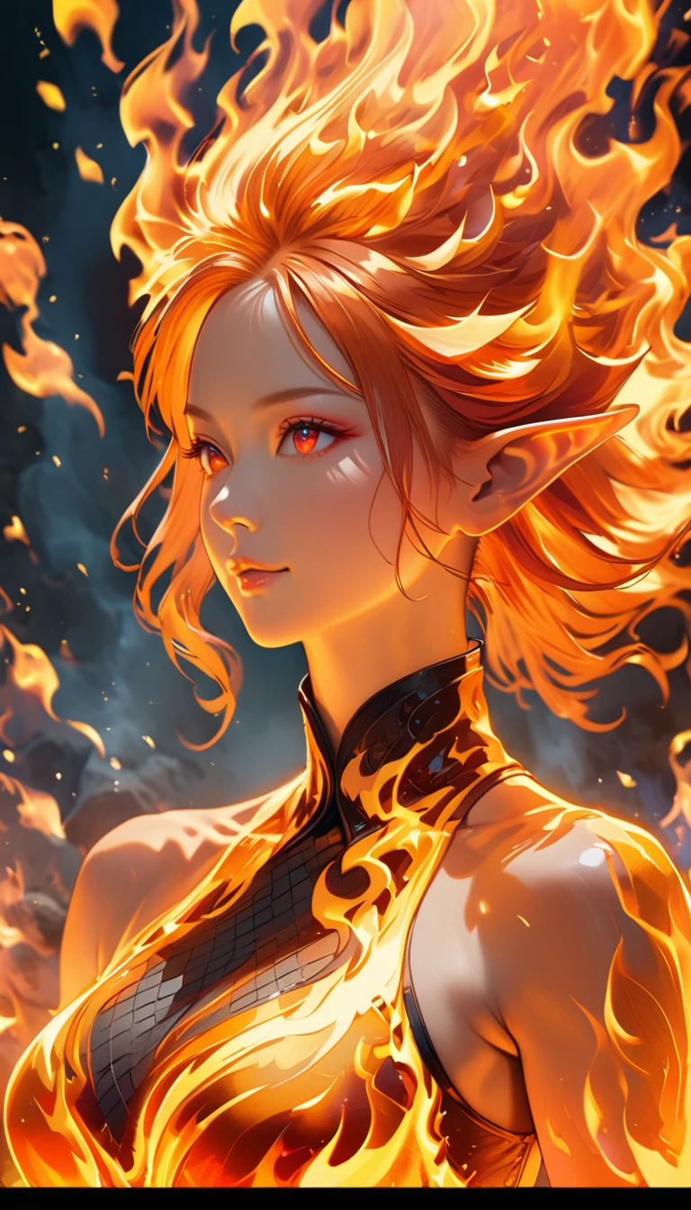 ((half body Portrait of a fire elf)), red flowing hair, shiny red eyes,( medium length pointy ears),orange fire around, flaming theme, burning atmosphere, (detailed sexy Chinese style costume:1.2), red glowing tattoos, orange crystal jewelry, light smile, mature body, colorful ,by Mappa studios,masterpiece,best quality,official art,illustration,ligne claire,(cool_color),perfect composition,absurdres, fantasy,focused,rule of third, close up portrait 