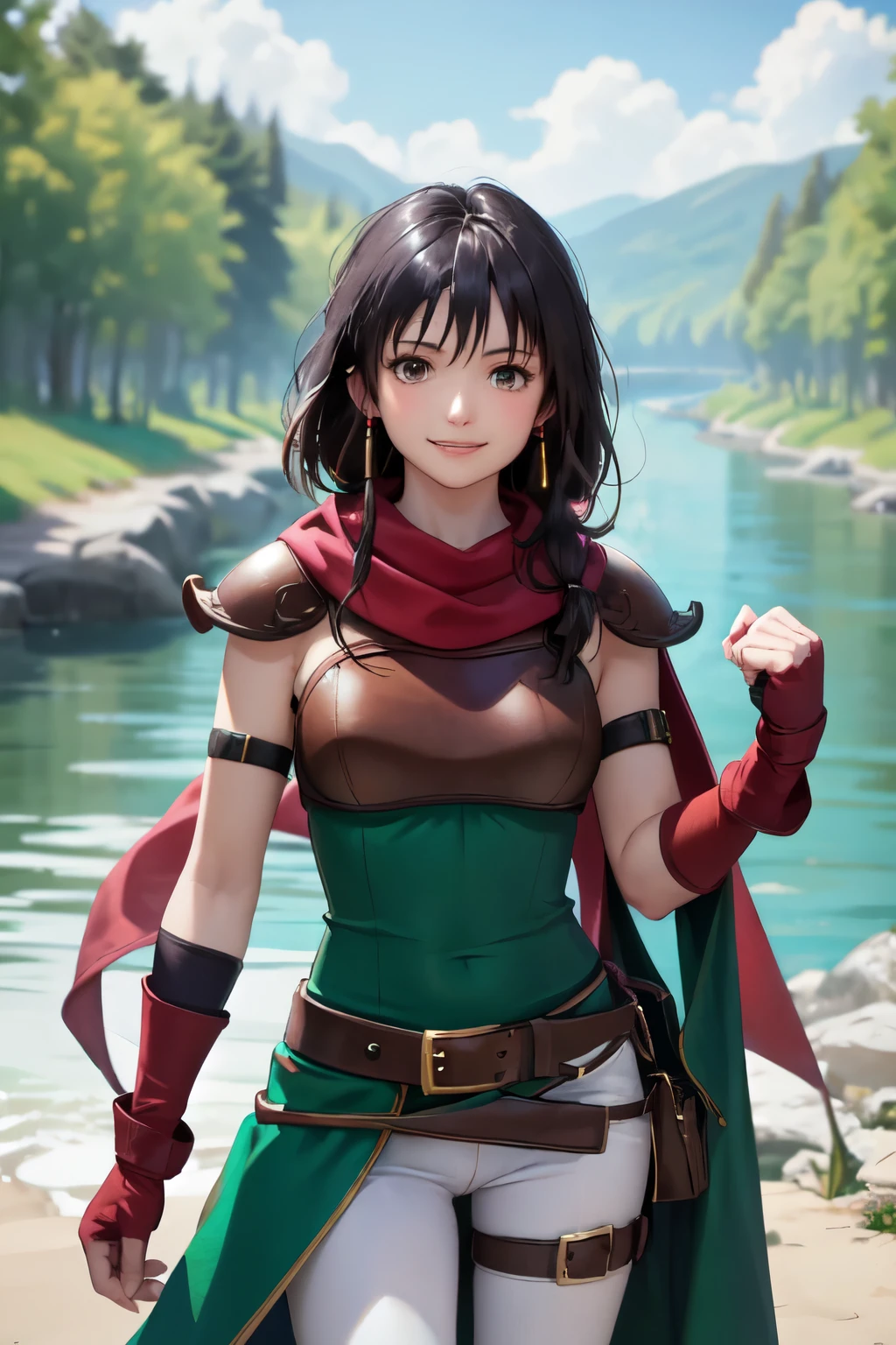 def_mareeta, white pants ,brown shoulder armor, red fingerless gloves, belt, earrings, jewelry, scarf, brown breastplate, green dress, black elbow gloves, pauldrons, thigh strap, sleeveless, red scarf, masterpiece, best quality, absurdres, village, river, looking at viewer, smile, upper body, cowboy shot