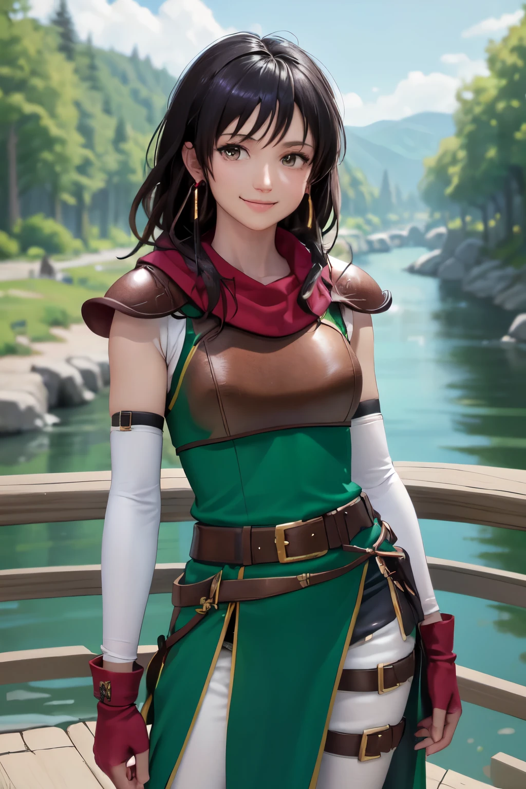 def_mareeta, white pants ,brown shoulder armor, red fingerless gloves, belt, earrings, jewelry, scarf, brown breastplate, green dress, black elbow gloves, pauldrons, thigh strap, sleeveless, red scarf, masterpiece, best quality, absurdres, village, river, looking at viewer, smile, upper body, cowboy shot