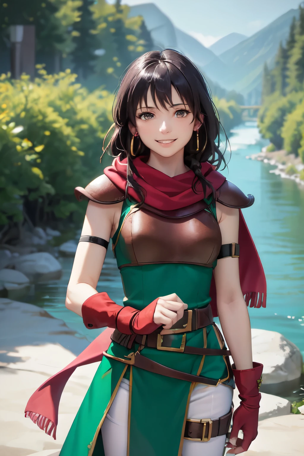 def_mareeta, white pants ,brown shoulder armor, red fingerless gloves, belt, earrings, jewelry, scarf, brown breastplate, green dress, black elbow gloves, pauldrons, thigh strap, sleeveless, red scarf, masterpiece, best quality, absurdres, village, river, looking at viewer, smile, upper body, cowboy shot