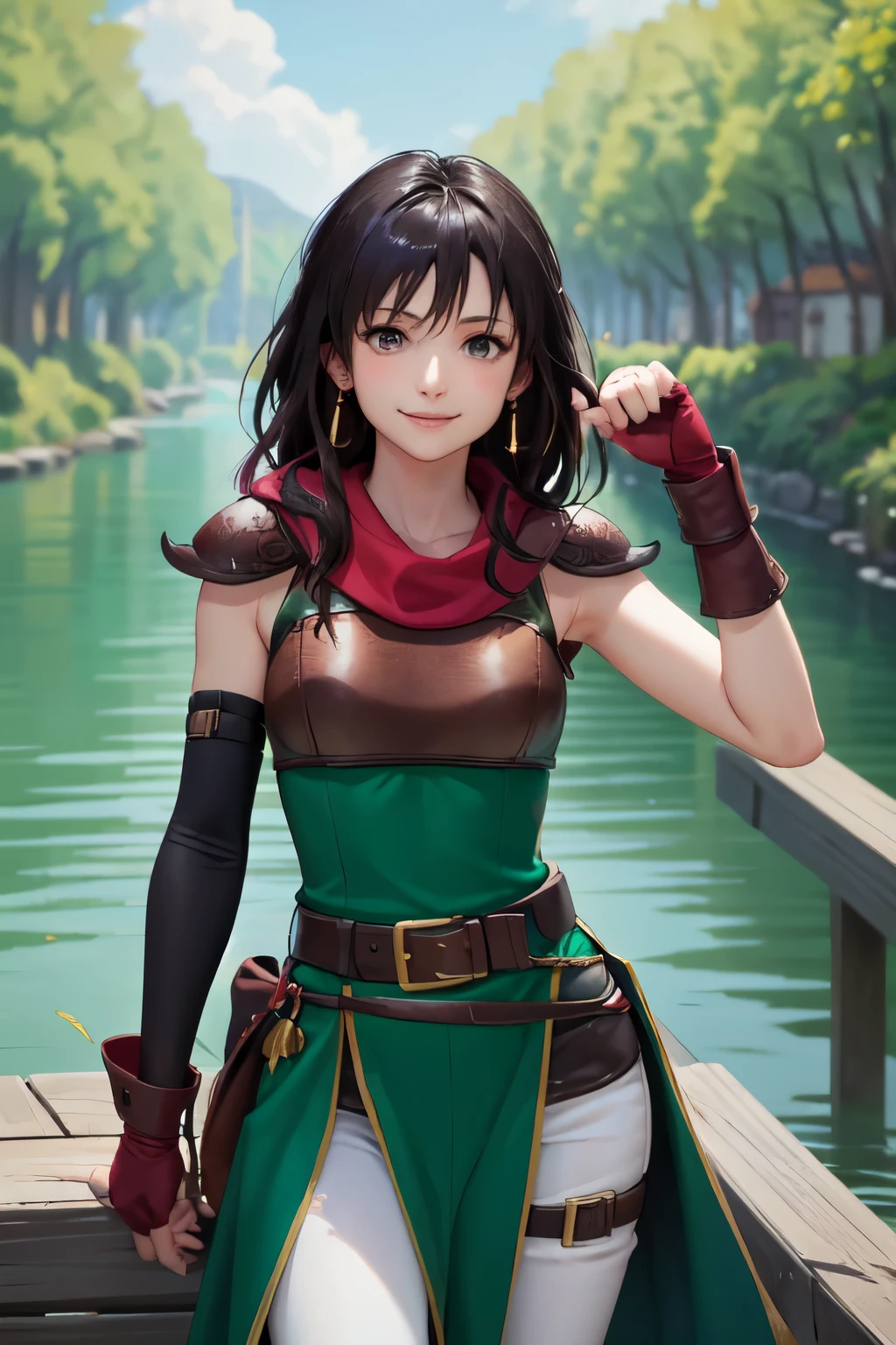 def_mareeta, white pants ,brown shoulder armor, red fingerless gloves, belt, earrings, jewelry, scarf, brown breastplate, green dress, black elbow gloves, pauldrons, thigh strap, sleeveless, red scarf, masterpiece, best quality, absurdres, village, river, looking at viewer, smile, upper body, cowboy shot