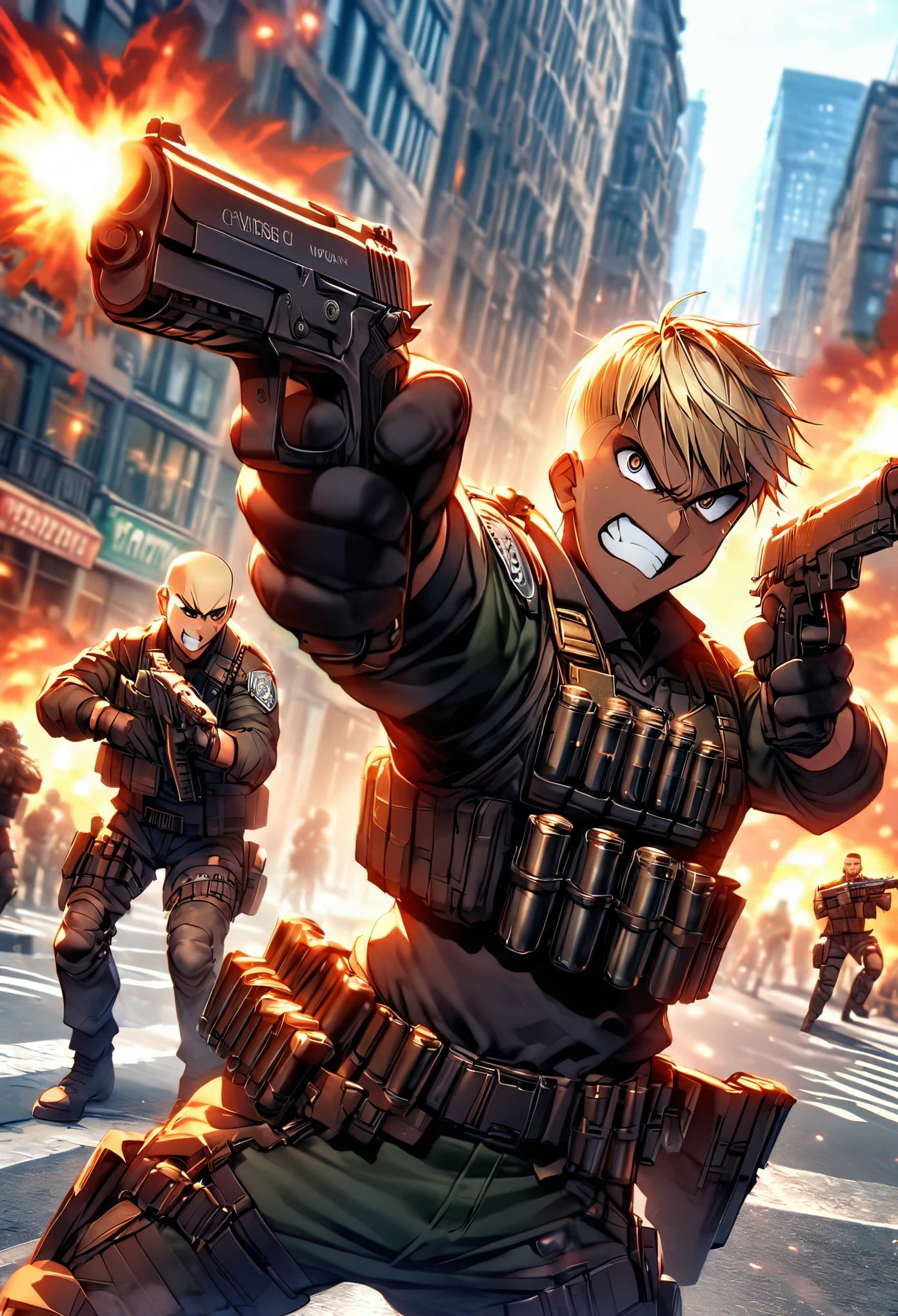 mercenary, male, male focus, muscular, blonde hair, dark brown eyes, crew cut, maniacal laugh, v-shaped eyebrow, evil smile, clenched teeth, ammunition belt, grenades, drop-down pistol holster on the right hip, holstered pistol on the right hip, (holding a shotgun), new york street, gunfight, shootout, shot NYPD cruisers, an explosion in the street