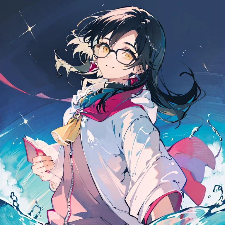 Woman with glasses、woman about 30、Young woman、Casual wear、hoodie、Youth fashion、suit、elegant、Looking up diagonally down、dark background、Pastel shades of pink and lemon yellow、Magic effect、Wizard、detailed、watercolor painting、Red earrings、ruin, covered with ivy、under the water、Black hair blowing in the wind、