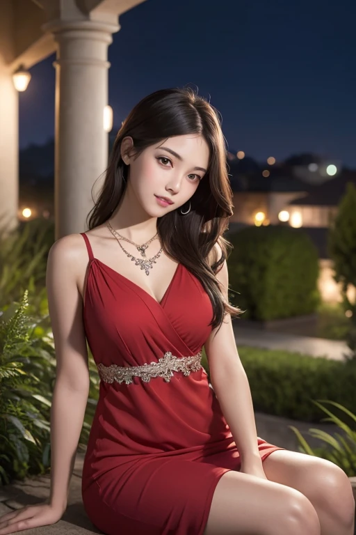 Beautiful  young girl looking at viewer wearing red top dress, in garden, realistic graphics, wearing a beautiful necklace, wavering at viewer, nice figure, beautiful photography  ,graphic focus on girl at the center of graphics photoshot ,red colors dress ,wavering at viewer, full-body photoshot rendering graphics,complete body collection, night party atmosphere , sitting at center of a crowded night club ,beautiful legs and waist 