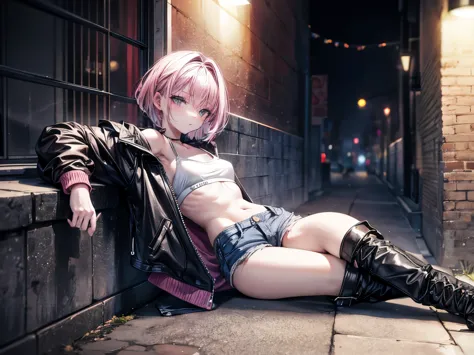 smoking girl, laying on a wall, dark street, night time, pink hair, short hair, long jacket, small girl, she's 20, she's wearing...