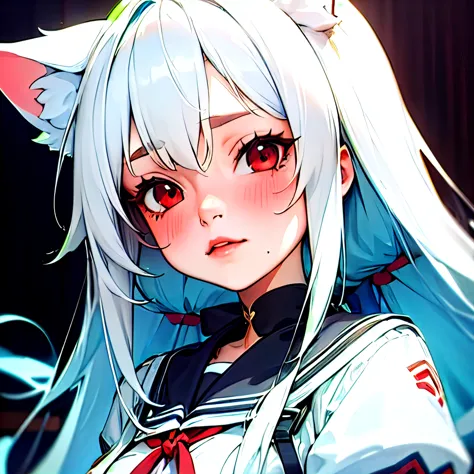 (masterpiece, best quality:1.2), Emoticon packages,red eyes，white hair，fox ears，pitiful，blush，looking down