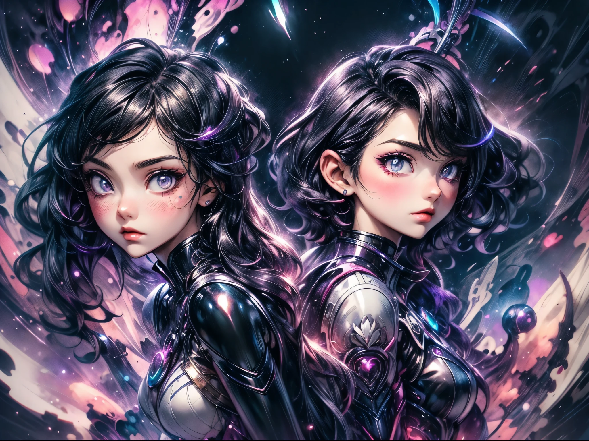 Anime - ilustração estilo de duas mulheres com cabelos roxos e cabelos pretos., lindos gêmeos de ficção científica, arte digital detalhada de anime, Arte estilo guache, artgerm e rossdraws, Wlop e Artgerm, Um patógeno RTM muito detalhado., artgerm e wlop, Estilo Argerm, arte detalhada de 8k de alta qualidade.