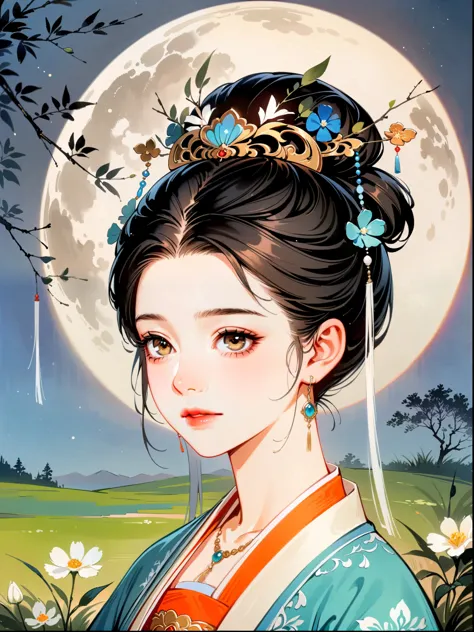 (close-up:1.8)，1girl，night，huge full moon，outdoor，Hanfu，patio，branches，flowers，grassland，（black and white ink painting：1.8），best...
