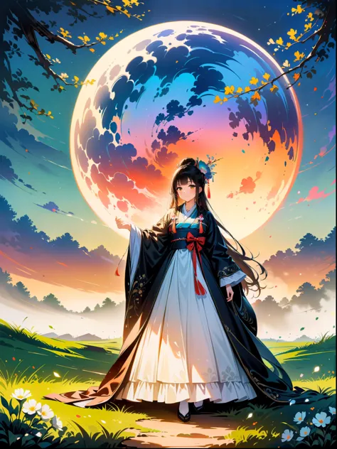 1girl，night，huge full moon，outdoor，Hanfu，whole body，patio，branches，flowers，grassland，（black and white ink painting：1.8），best quality，masterpiece，8k，ultra high resolution，（Realism：1.4），Highly detailed，intricate details，Exquisite and beautiful，good lighting，...