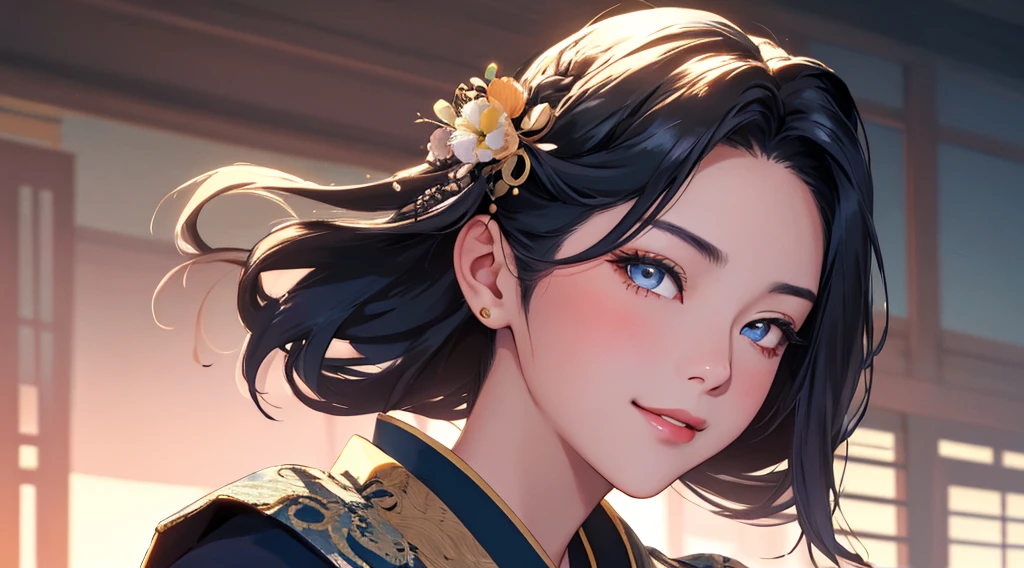 Beautiful Asian woman with a flirting smile, A super ronin wearing a golden lace kimono, Meiji Restoration, blue eyes, Focus on the audience, state&#39;s, split, Put down your shoulders, HD, UHD, Wallop, artistic sprout, braid hairstyle, anime big eyes, realistic eyes, Very detailed目, natural skin, natural skin texture, Scattered under the surface, calm colors, skin pores, perfect face, perfect eyes, perfect lips, Soft female form, outstanding, cinematic, Cinema lights, Very detailed, surreal, masterpiece, in the atmosphere, High resolution, Lively, high contrast, Vignetting, 8K, HDR, 500 pixels, Look from above, bust