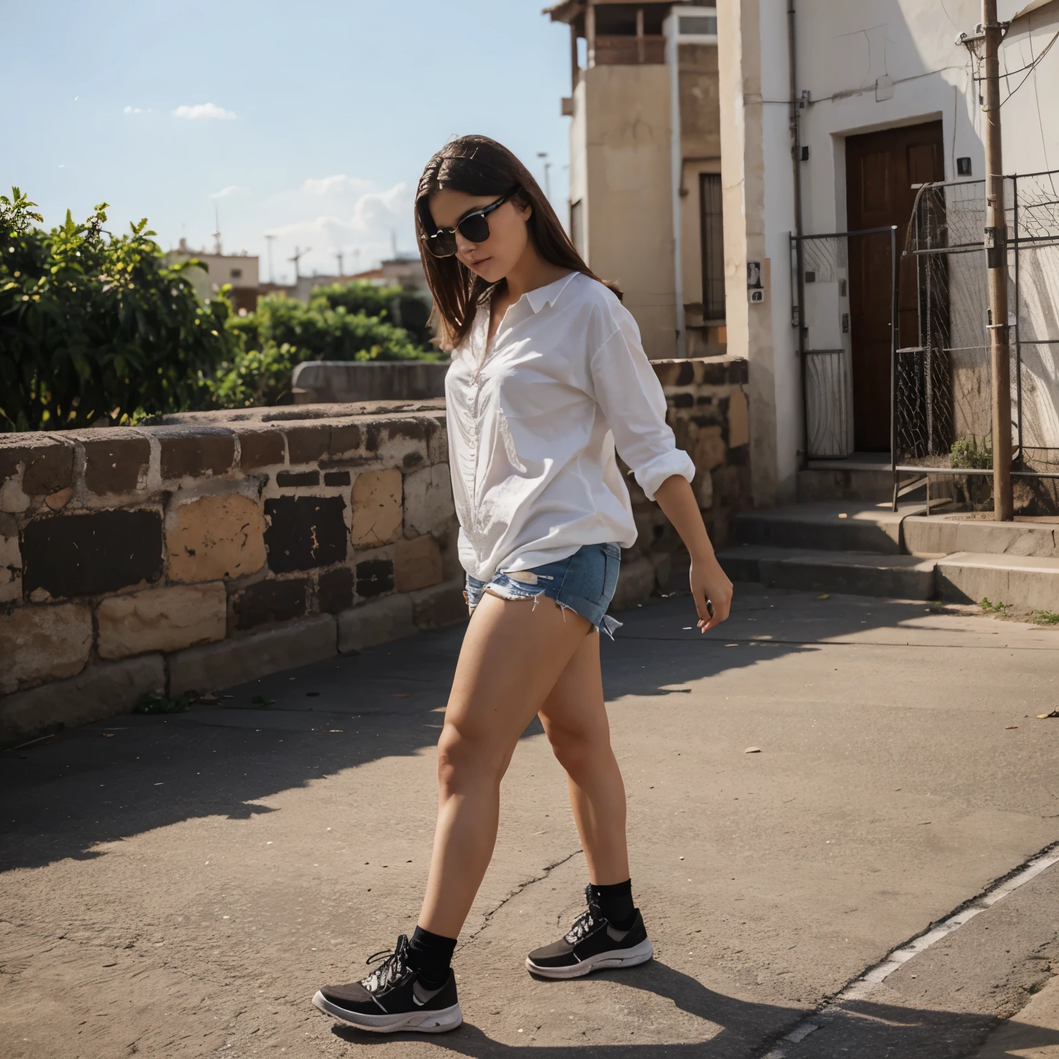 Araffe walking down a sidewalk in a white shirt and denim shorts - SeaArt AI