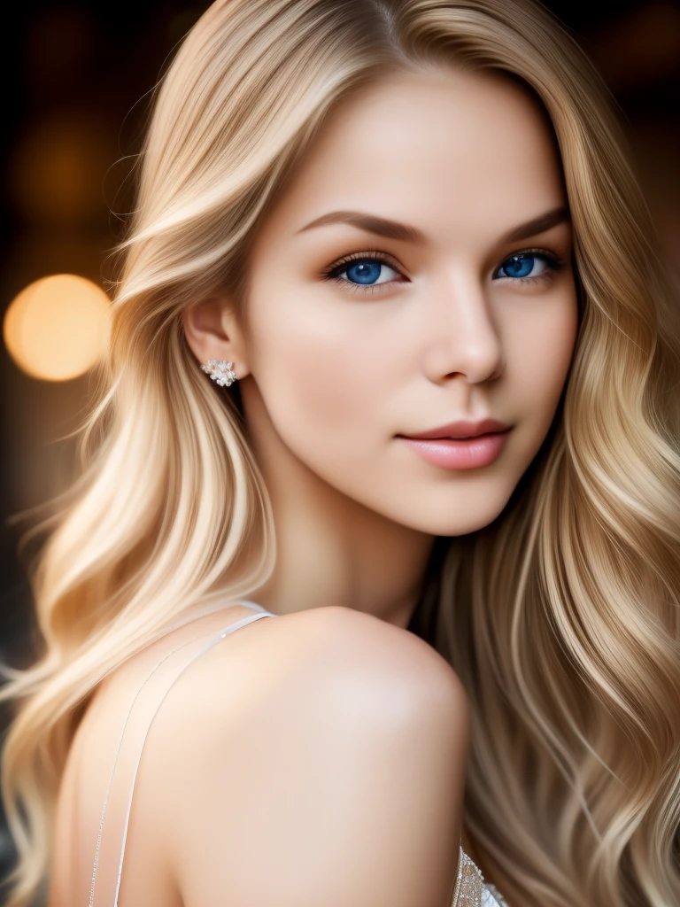 1girl, RAW photo, best quality, realistic, photo-realistic, masterpiece, an extremely delicate and beautiful, extremely detailed, Amazing, finely detail, ultra-detailed, highres, soft light, beautiful detailed blond girl, extremely detailed eyes and face, beautiful detailed nose, beautiful detailed eyes, cinematic lighting, in the city, perfect anatomy,slender body, gently smile, Friendly, warm, looking at viewer, wavy long brown hair, brown eyes, dynamic posing,   