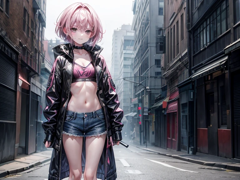 smoking girl, dark street, night time, pink hair, short hair, long jacket, jacket over her shoulders, small girl, small legs, she's 20, she's wearing jeans, she's wearing combat boots, she's wearing a white bra, she's in extase, she's enthousiast, ambient smoke, ambient smoke everywhere, straight haired, beautiful women, small hips, smiling