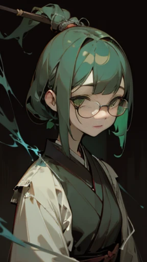 ｛(masterpiece), (High resolution), (super delicate), (clear), Comic style illustration, Japanese painting, Old picture scroll style, (snap shot), (Creepy), Japanese carving, antique, dark atmosphere, flat illustration｝、(((Frontal upper body photo))),((green cyberpunk girl)),glasses、drooping eyes、high nose、Lightning bolt tattoo on neck、 ((in a dream)),
