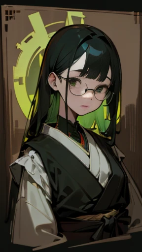 ｛(masterpiece), (High resolution), (super delicate), (clear), Comic style illustration, Japanese painting, Old picture scroll style, (snap shot), (Creepy), Japanese carving, antique, dark atmosphere, flat illustration｝、(((Frontal upper body photo))),((green cyberpunk girl)),glasses、drooping eyes、high nose、Lightning bolt tattoo on neck、 ((in a dream)),
