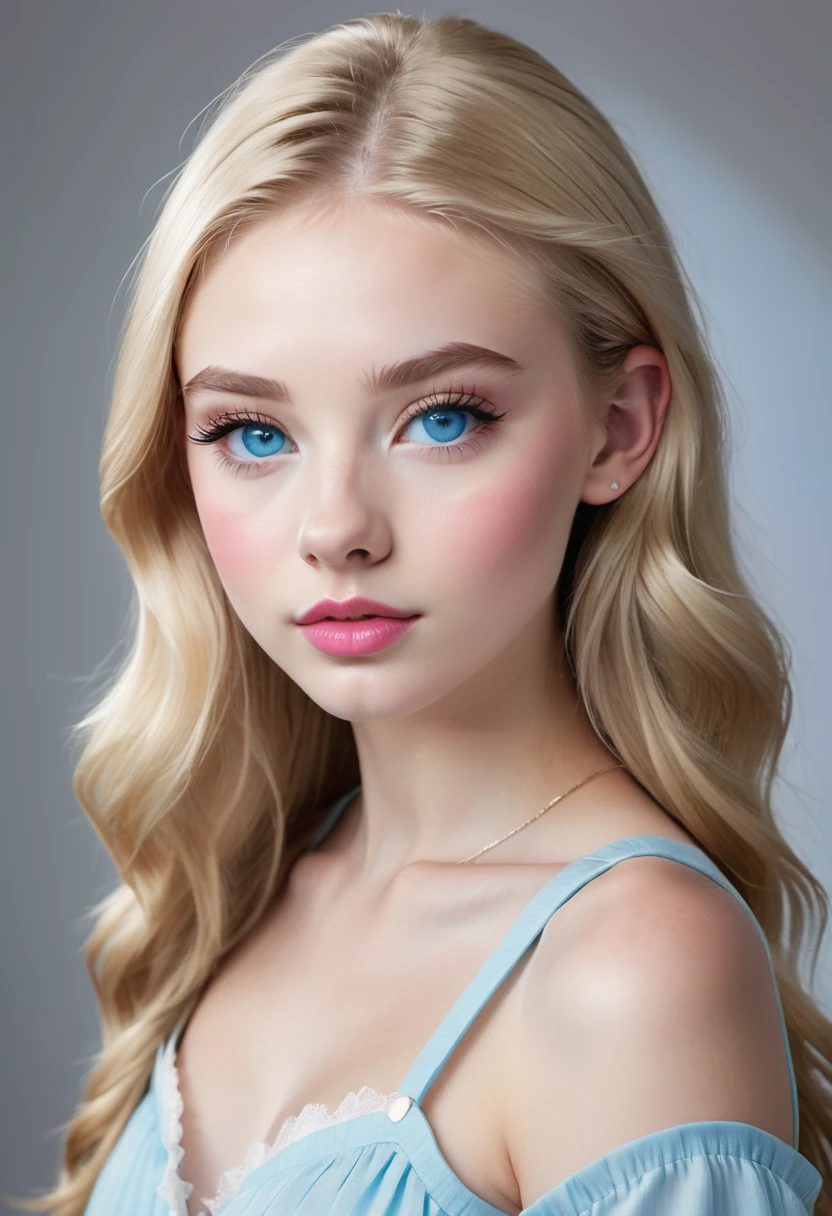 Sixteen-year-old blonde teenager, sky blue eyes and white skin, thick pink lips, long eyelashes and thick eyebrows, small and thin nose, high cheekbones and thin chin.