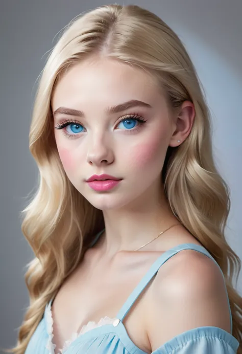 Sixteen-year-old blonde teenager, sky blue eyes and white skin, thick pink lips, long eyelashes and thick eyebrows, small and th...