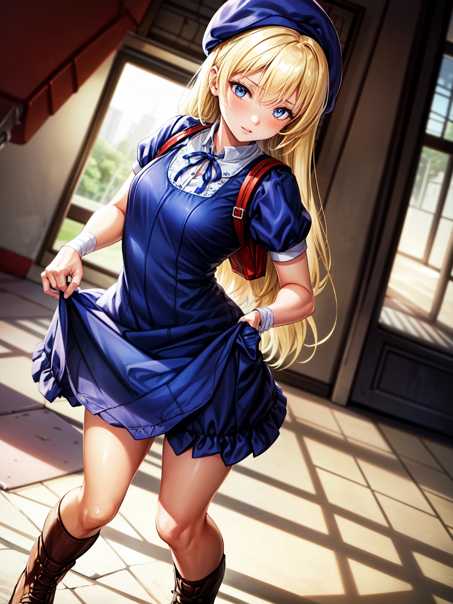 masterpiece, best quality, solo, full body, 1girl, thick lips, solo, HinakoMS, blonde hair, blue hair bow, dress lift, blue dress, showing pussy ((NFSW)), white short, beret, hat pin, tatting, fingerless gloves, (bandages), medium breasts, backpack straps, full body