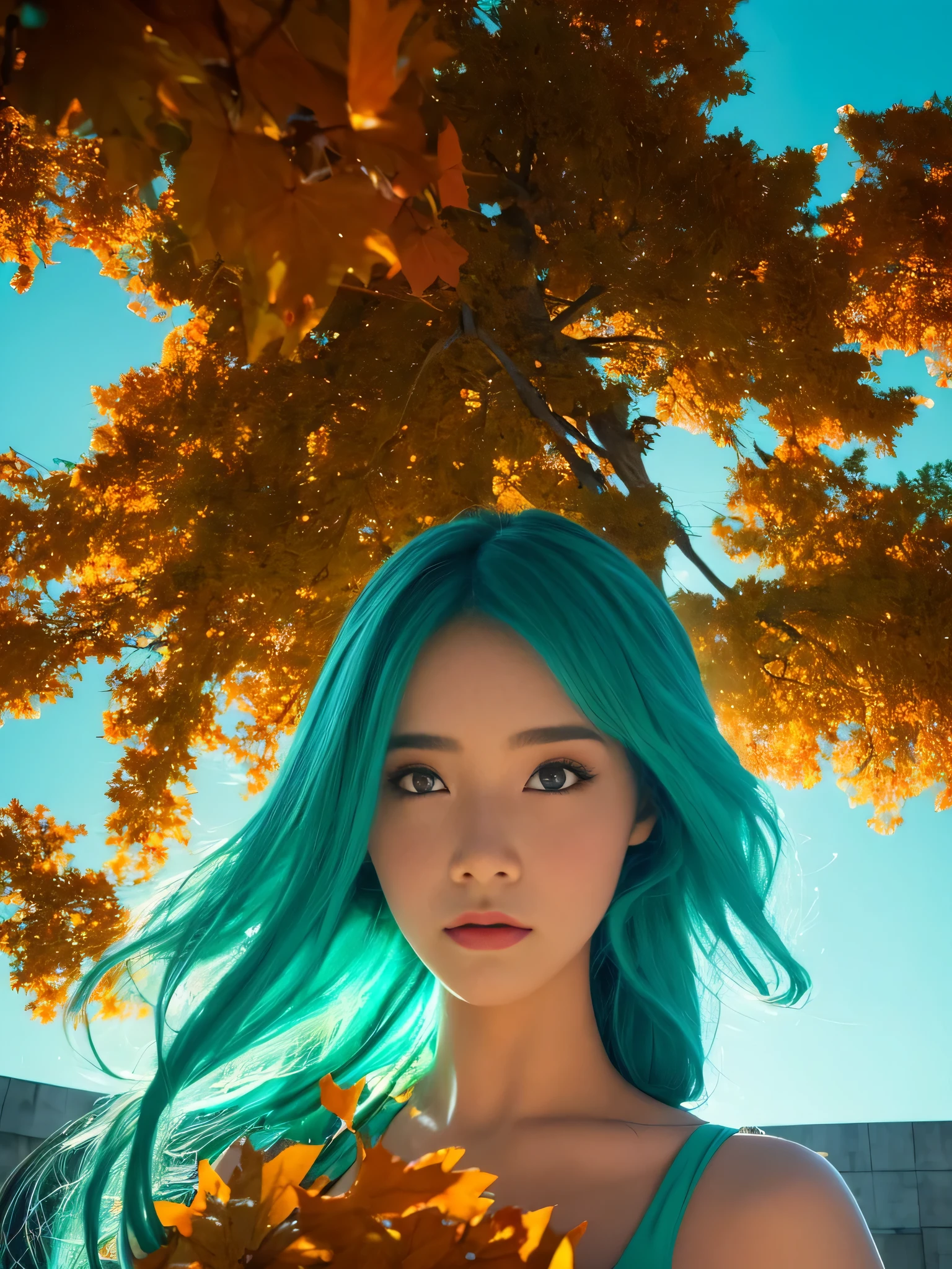 (High Detail:1.2)Anime Girl,(Cinematic Lighting,Delicate Colors),(Falling Leaves:1.2), Calm Lighting, Wind, Fog. Turquoise, delta shades. discord banner  