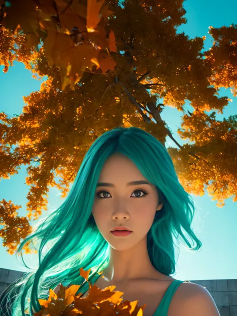 (high detail:1.2)anime girl,(cinematic lighting,delicate colors),(falling leaves:1.2), calm lighting, wind, fog. turquoise, delt...