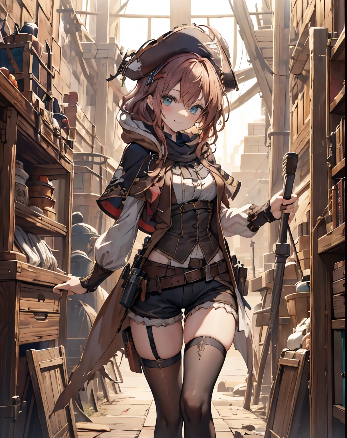 masterpiece, 1girl, sparrow, a red haired girl, wearing a white medieval pirates clothes, curly medium hair, messy hair, slim body, wearing brown capelet with hoody, he close her left eye, shirt ornament, aqua eyes, sho show her back, ahoge, black vest, baby face, big breast, beautiful breasts, rounded breasts, braid hair, pirates hat, long sleeves, beautiful eyes, white stocking, droopy eyes, shorts, her age is 19 years old, seductive smile, priest chair