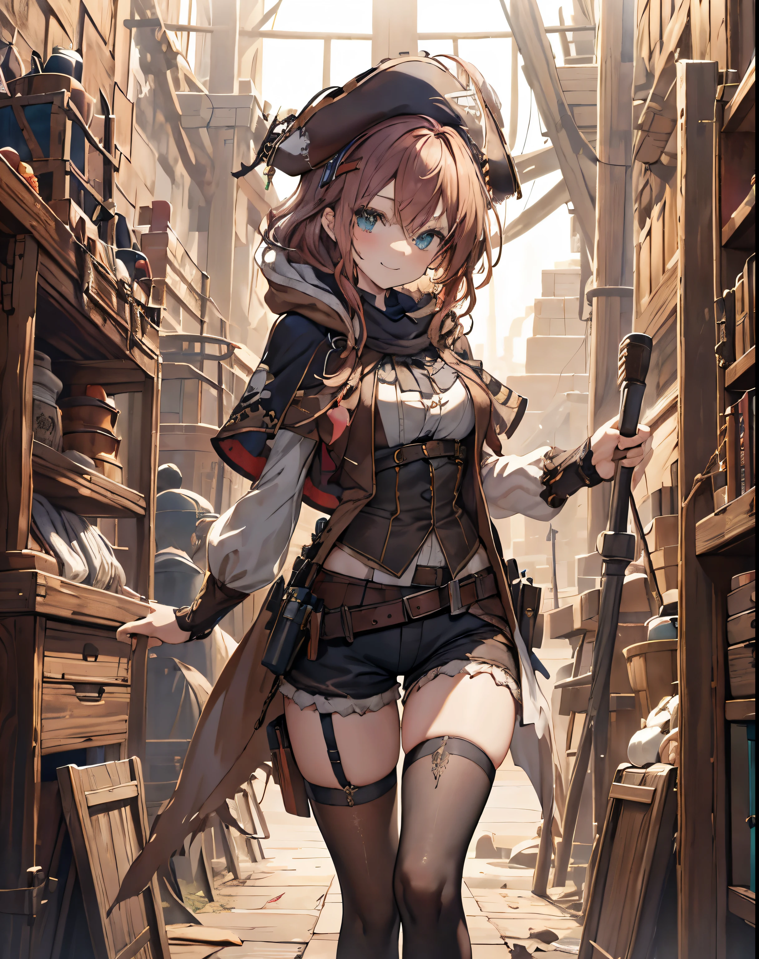 masterpiece, 1girl, sparrow, a red haired girl, wearing a white medieval pirates clothes, curly medium hair, messy hair, slim body, wearing brown capelet with hoody, he close her left eye, shirt ornament, aqua eyes, sho show her back, ahoge, black vest, baby face, big breast, beautiful breasts, rounded breasts, braid hair, pirates hat, long sleeves, beautiful eyes, white stocking, droopy eyes, shorts, her age is 1, seductive smile, priest chair