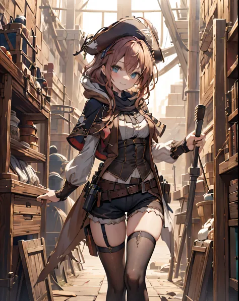 masterpiece, 1girl, sparrow, a red haired girl, wearing a white medieval pirates clothes, curly medium hair, messy hair, slim bo...