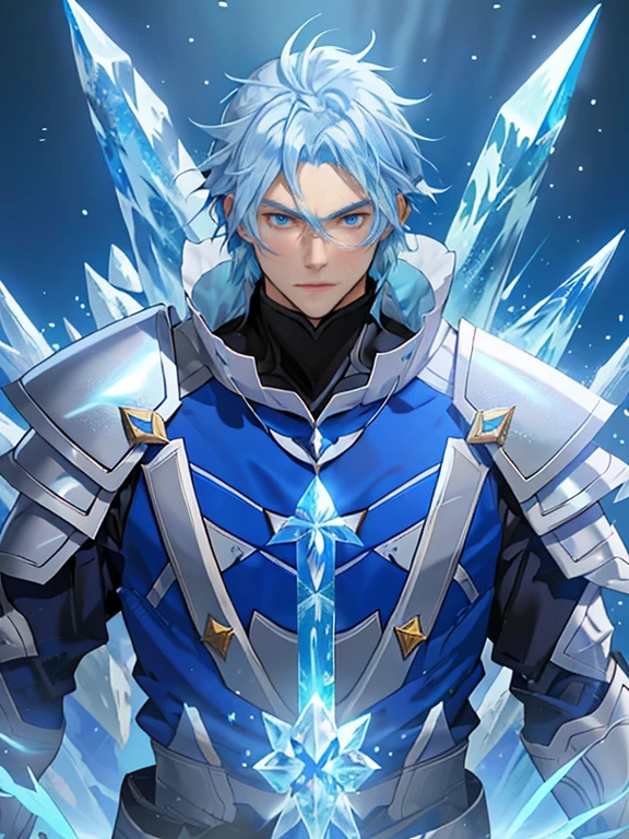 Anime characters with blue hair and blue eyes in snowy scenes, Ice Mage,  Tall anime guy with blue eyes, freezing blue skin, Key anime art, Kazuto Okada。, male anime character, Ice crystal armor, Detailed key anime art, full portrait of magical knight, blue and ice silver color armor, with ice powers