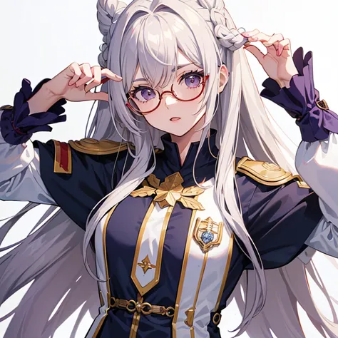 (2d) (cabelo branco) (anime) (corajosa) (high resolution) (garota bonita) (foco no rosto) (she wears glasses) (ela usa uma coroa...