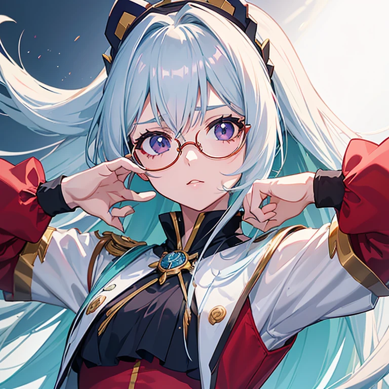 (2d) (White hair) (アニメ) (courageous) (high resolution) (pretty girl) (facefocus) (she wears glasses) (she wears a red crown with gold) (she wears a purple uniform)