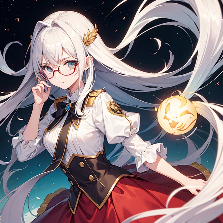 (2d) (White hair) (アニメ) (courageous) (high resolution) (pretty girl) (facefocus) (she wears glasses) (she wears a red crown with gold) (she wears a purple uniform)