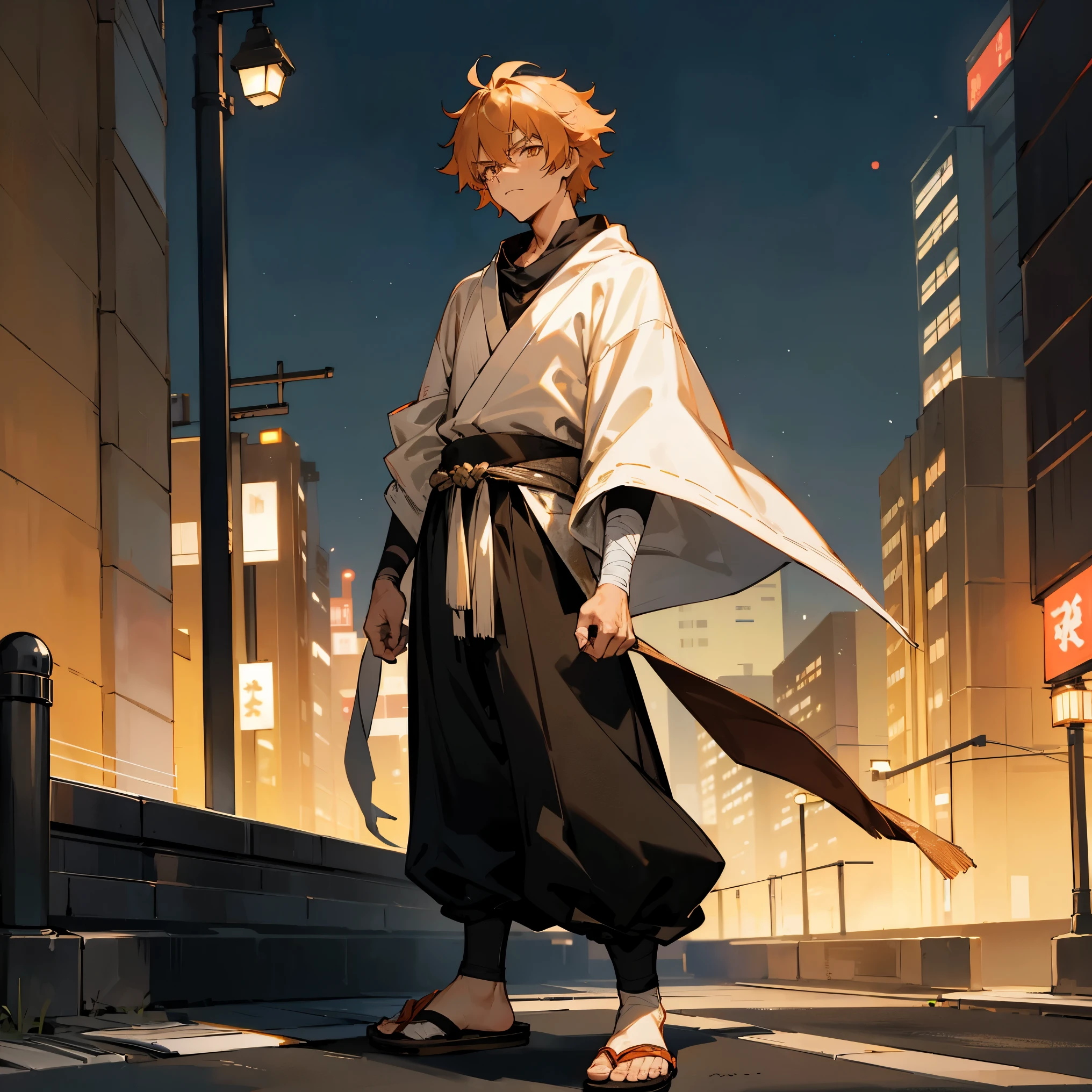 1male , Short Messy Hair , Peach Hair , Golden Eyes, Black one shoulder Yukata , Bandaged Arm , Tan Poncho , Tan Cowl , Baggy Black Pants , Japanese Sandals with socks , Facing Viewer , Modern City Background, Adult Male , Standing On Sidewalk , Adult Male , Serious Expression 