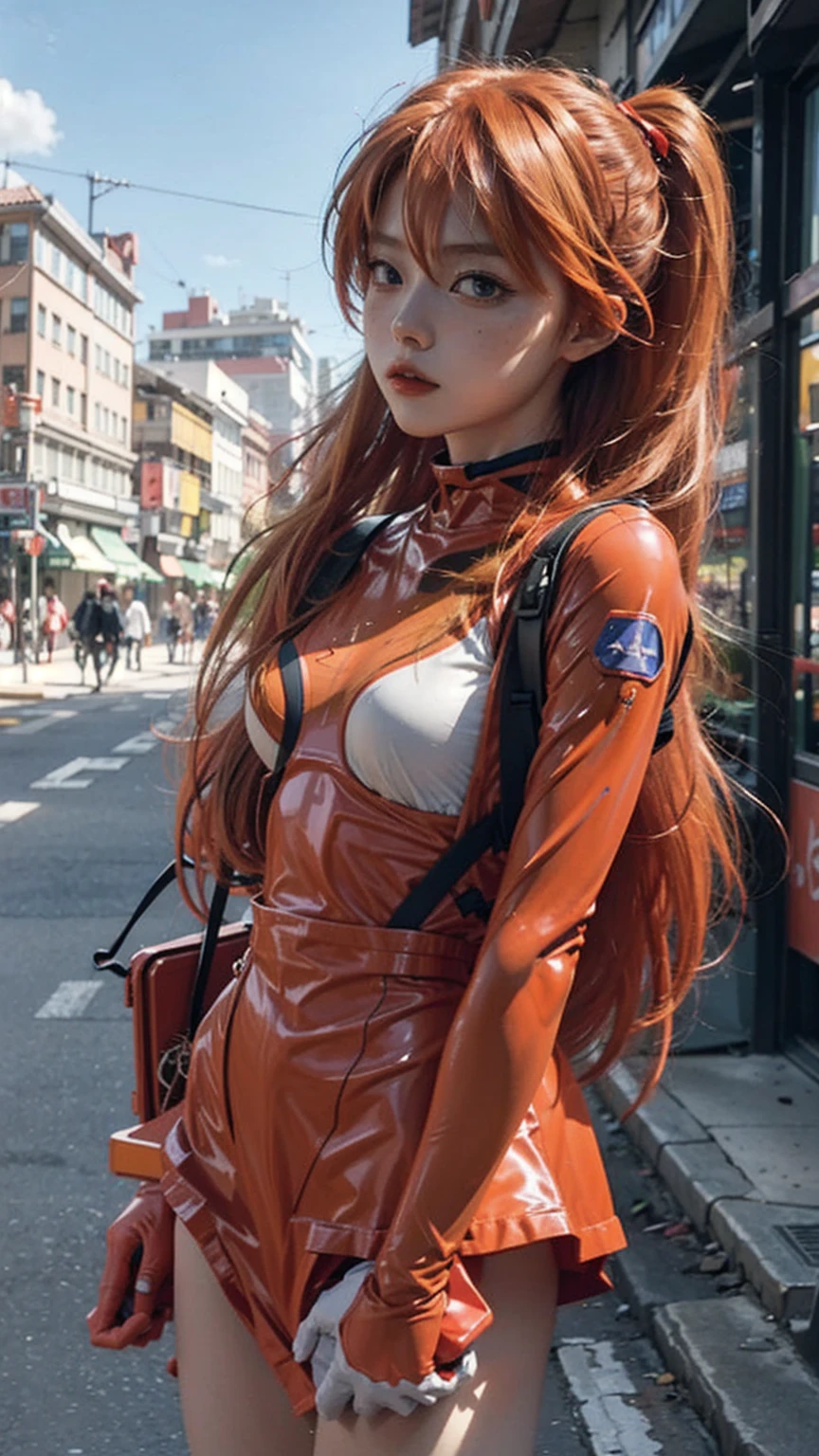 Evangelion de Asuka Langley, una mujer deslumbrante, usando con confianza su teléfono en una vibrante calle de la ciudad con ropa moderna.