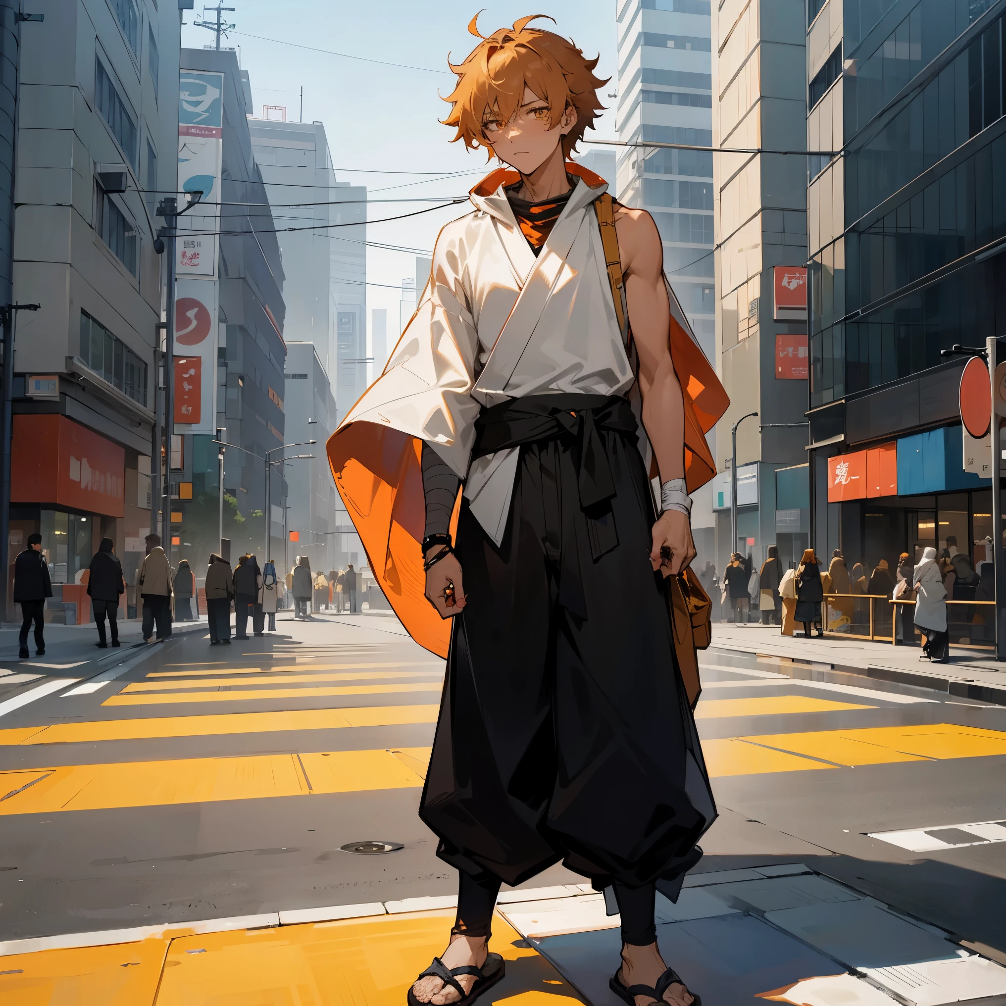 1male , Short Messy Hair , Peach Hair , Golden Eyes, Black one shoulder Yukata , Bandaged Arm , Tan Poncho , Tan Cowl , Baggy Black Pants , Japanese Sandals with socks , Facing Viewer , Modern City Background, Adult Male , Standing On Sidewalk , Adult Male , Serious Expression 