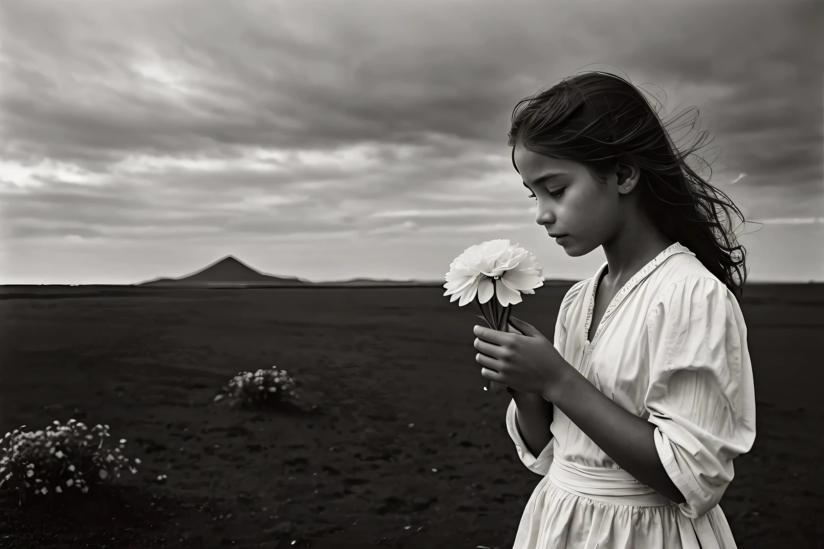 A girl holding a white flower, emotional, 35mm, Sebastiao Salgado, Hasselblad X1D, Peter Lindbergh, (masterpiece, top quality, best quality, official art, beautiful and aesthetic:1.2), documentary human photography