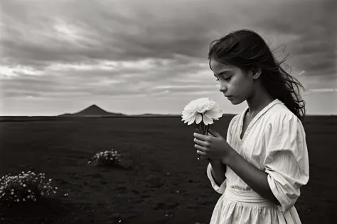 A girl holding a white flower, emotional, 35mm, Sebastiao Salgado, Hasselblad X1D, Peter Lindbergh, (masterpiece, top quality, b...