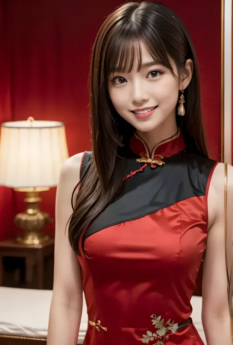 (((red room:1.3, indoor, Photographed from the front))), ((long hair:1.3,black cheongsam clothing,japanese woman,Smile,cute)), (...