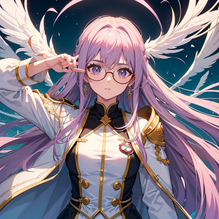 (2d) (cabelo branco) (anime) (corajosa) (high resolution) (garota bonita) (foco no rosto) (she wears glasses) (ela usa uma coroa vermelha com ouro) (ela usa uniforme roxo)