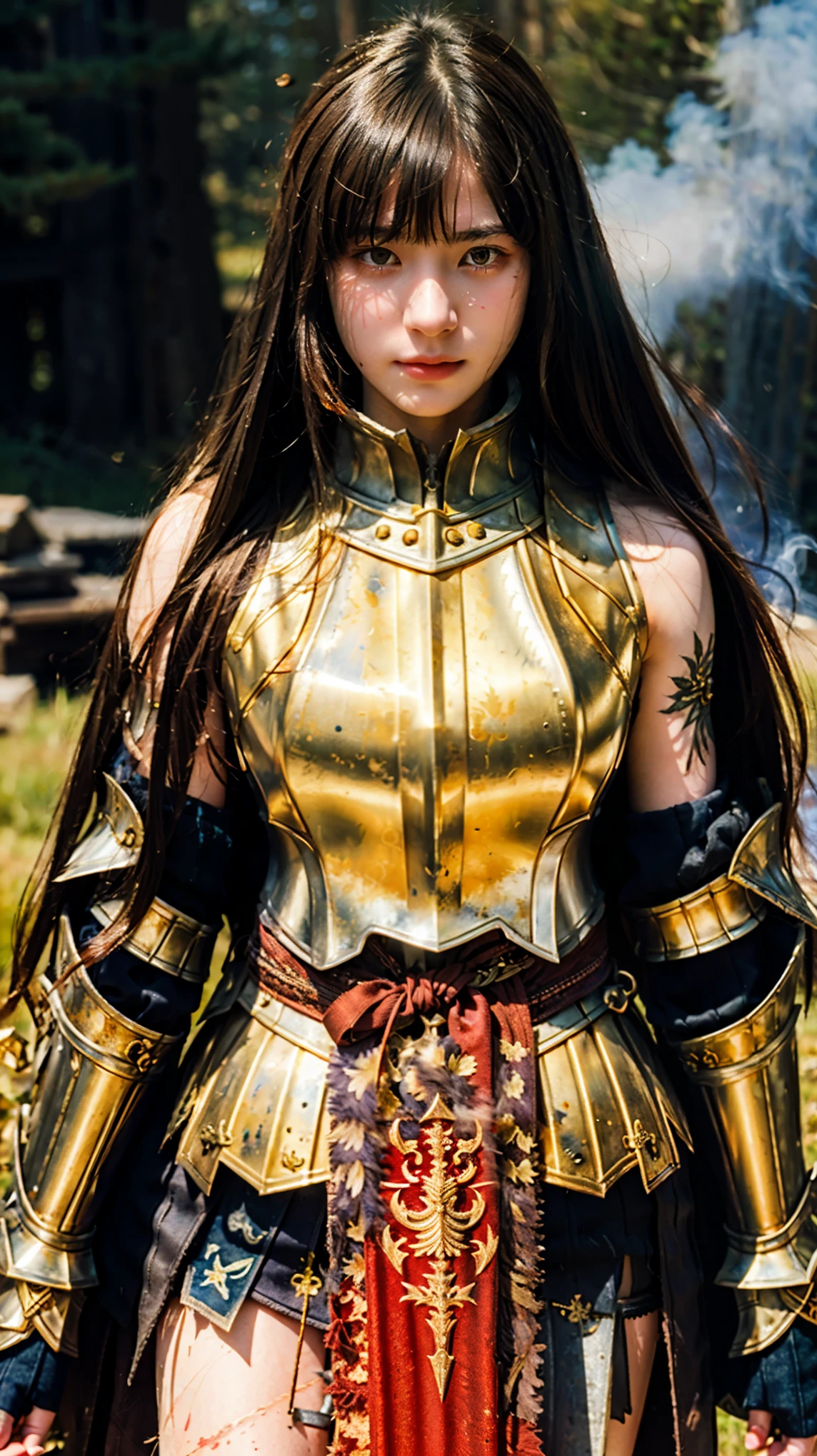(((Realistic, masterpiece, best quality, crisp detail, high definition, high detail, sharp focus))), ((sleeveless)), 17 years old girl wearing heavy armor, golden armor, japan style armor, full body armor, decorated armor, long straight hair, dirty, sweating, bloodstained face, bloodstained armor, blood scattered, bloodbath, carnage, long bloodstained sword, in epic war, fire and smoke everywhere, death anywhere