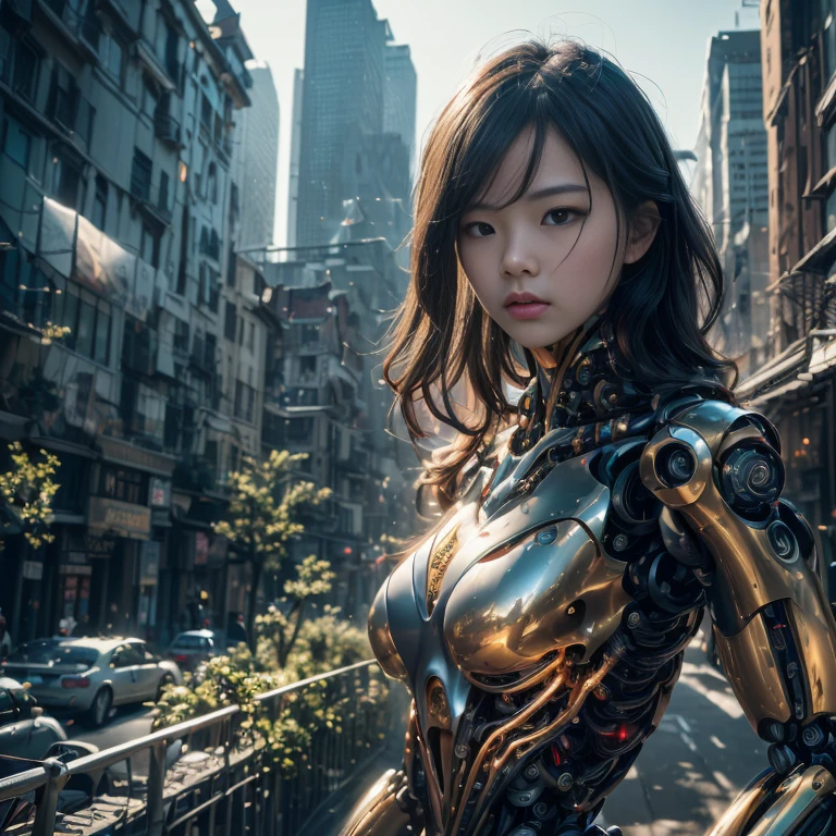 (highest quality、4k、8k、High resolution、masterpiece: 1.2)、Super detailed、(real、photorealistic、photorealistic: 1.37)、Dystopia、Future、robot、Jellyfish type、mechanical、collapse、Dramatic destruction、mechanical、 metallic、huge、aggression、controlled、background、garden、One beautiful young woman、彼女の優雅な姿を完璧に強調するFutureなスーツを着て、Standing in front of an audience、Her beautifully detailed eyes、beautiful detailed lips、(aggression者がcontrolledするクラゲの形をしたrobotの大規模な破壊:1.7)、The chaotic cityscape behind her