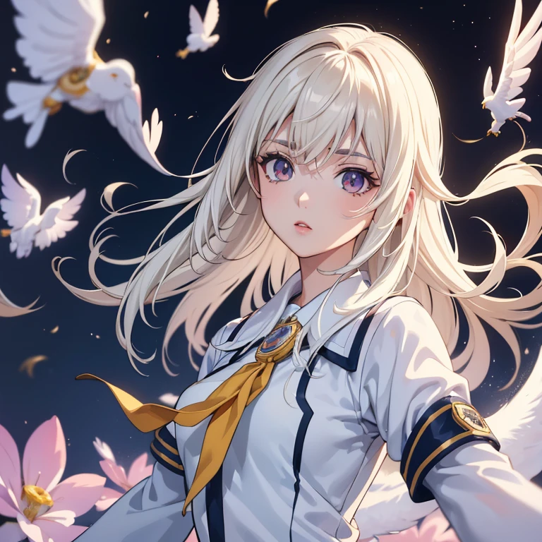 (2d) (White hair) (アニメ) (courageous) (high resolution) (pretty girl) (facefocus) (she wears a crown of ruby and gold) (she wears a purple uniform)