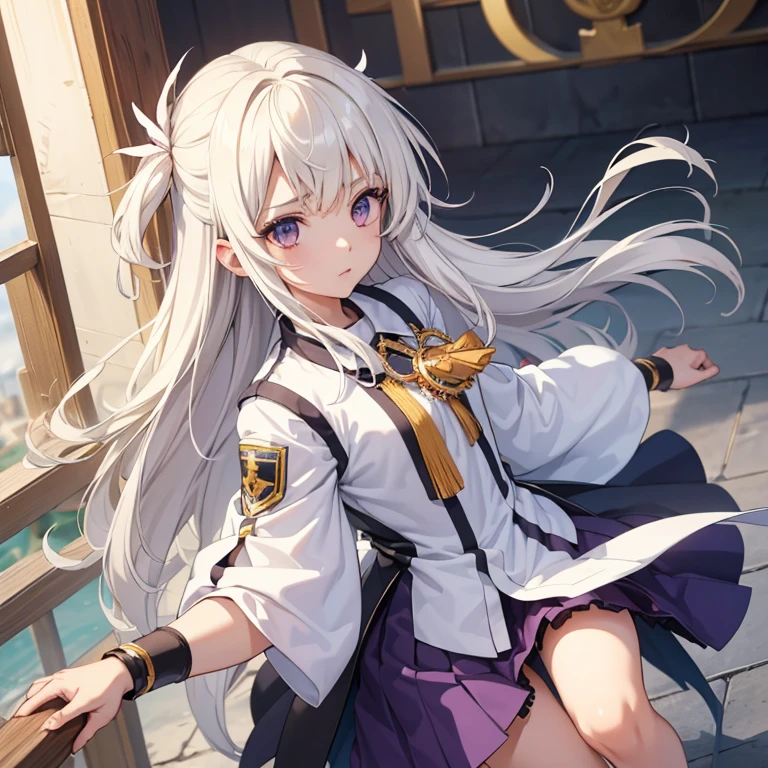 (2d) (White hair) (アニメ) (courageous) (high resolution) (pretty girl) (facefocus) (she wears a crown of ruby and gold) (she wears a purple uniform)