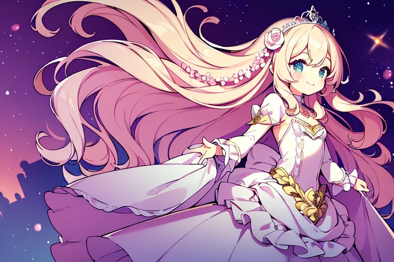 (kawaii),(best quality),(ultra detailed), upper body,(rococo style),(long train pastel pink cape:1.15), very long cape,(long train white ball gown with flower decorations), a girl is wearing a cape over her gown, 1 little princess, tiara, smile, small breasts, very long hair