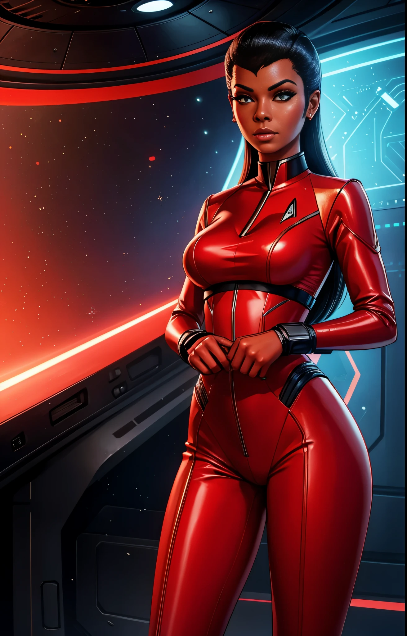 Sala de máquinas, tecnología futurista,ingenieras, inspirado en Uhura, uniforme rojo vibrante, inspirado en Siete de Nueve, uniforme plateado elegante,elementos atom punk, diales analógicos, estética de Star Trek, Ciencia ficción de los 60, estilo fotorrealista, Texturas detalladas,pose de conversación dinámica, iluminación natural,maquinaria futurista, integración perfecta,contrastes de colores llamativos, sombras profundas,Futuro optimista, Espíritu colaborativo,