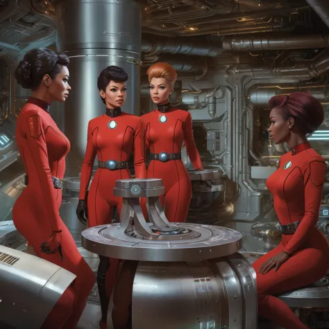 engine room, futuristic technology,female engineers, uhura-inspired, vibrant red uniform, seven of nine-inspired, sleek silver u...